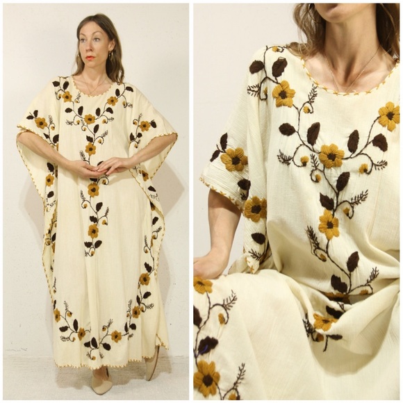 Dresses & Skirts - 1970s Mexican Kaftan with Gorgeous Floral Embroidery